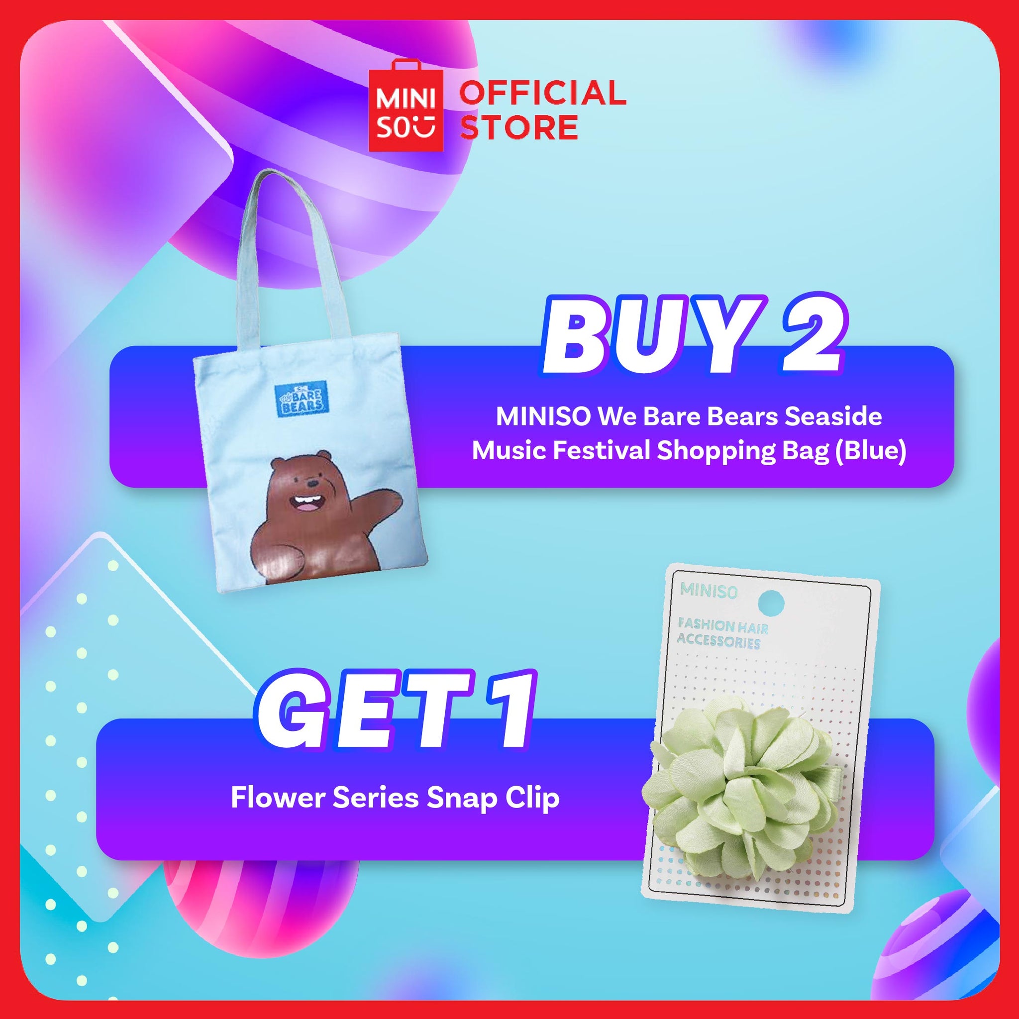 BUY MINISO We Bare Bears Seaside Music Festival Shopping Bag (Blue) GET Flower Series Snap Clip